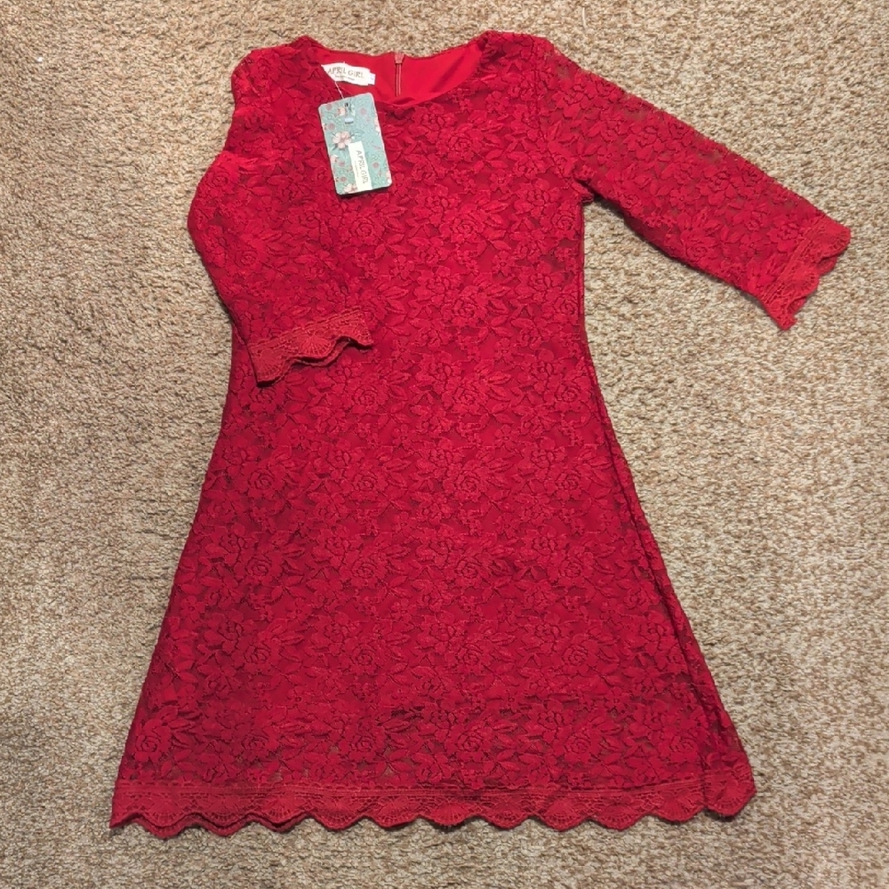 Girls Red Lace Fit-and-Flare Dress with Scalloped Hem